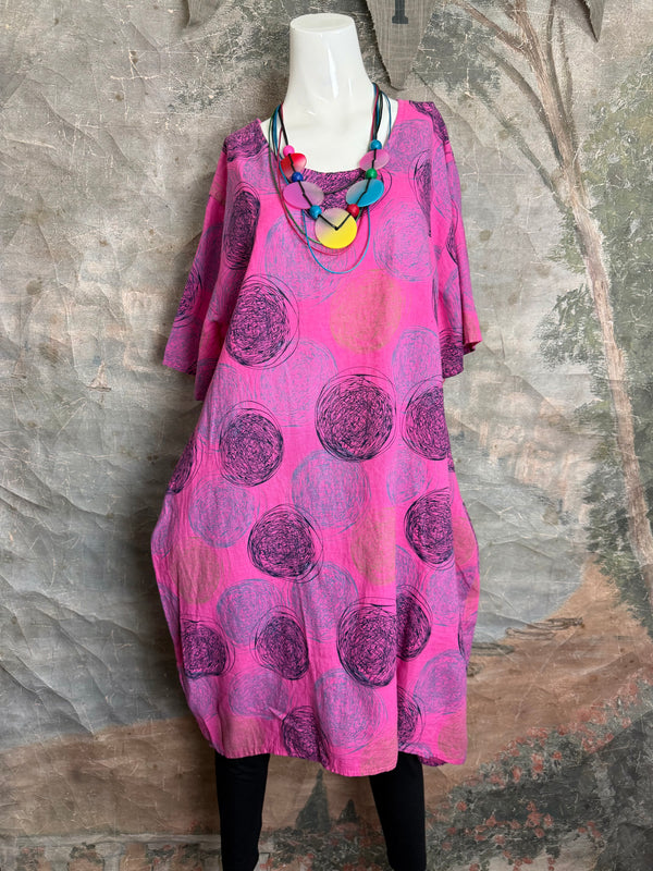 91311A Circles Drawstring Dress-Fuchsia