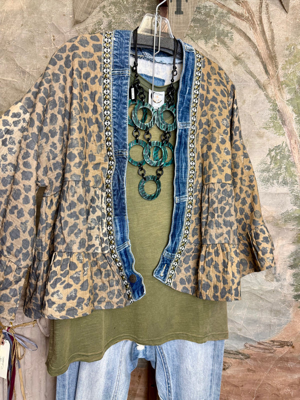 Leopard print Juno Cardigan with denim trim over olive tee and distressed jeans with turquoise ring necklace - 3