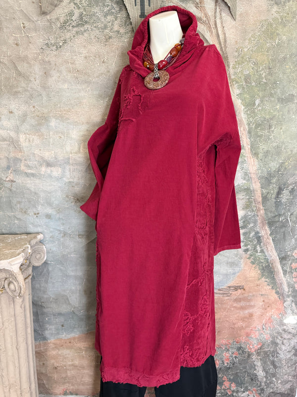 92178-62 Needlework Hoody Dress-Burgundy