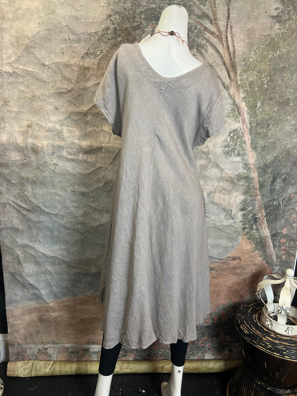 30638 Linen V-neck Flare Dress-Moss Green