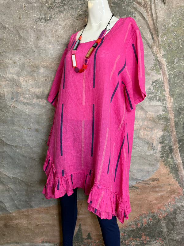 91307S Ruffle Stripe Tunic-Fuchsia
