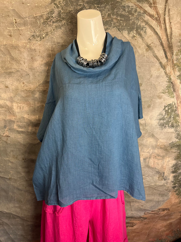 6250 Linen Cowl Neck Boxy Top-Denim