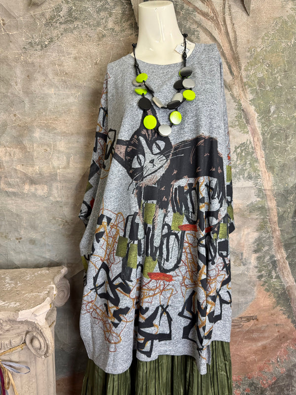 Oversized gray cat print crew pullover tunic with abstract art design on mannequin, styled with olive skirt and neon nec - 2