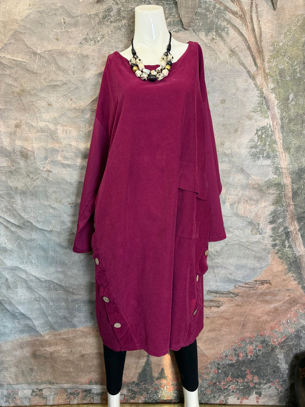 91805 Corduroy Button Dress-Burgundy