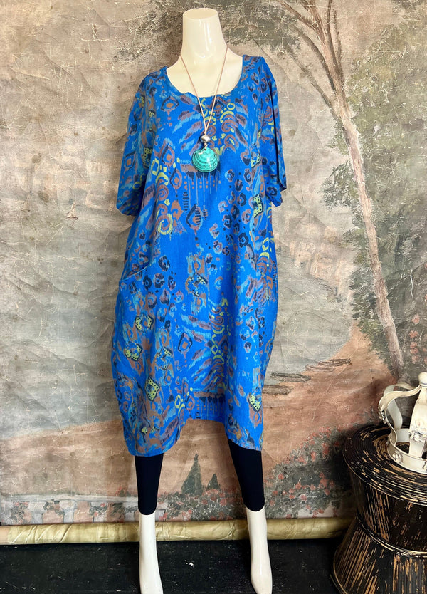 90847 Paint Splotch Print Dress-Blue