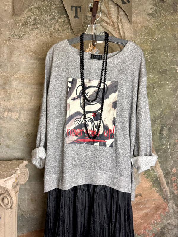 Gray heather Never Grow Up graphic sweatshirt top styled with black crinkle maxi skirt and beaded necklace - 5