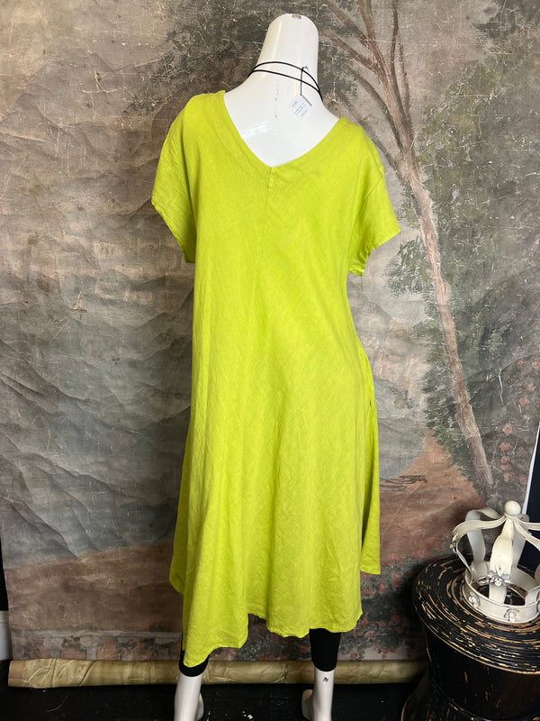 30638 Linen V-neck Flare Dress-Moss Green