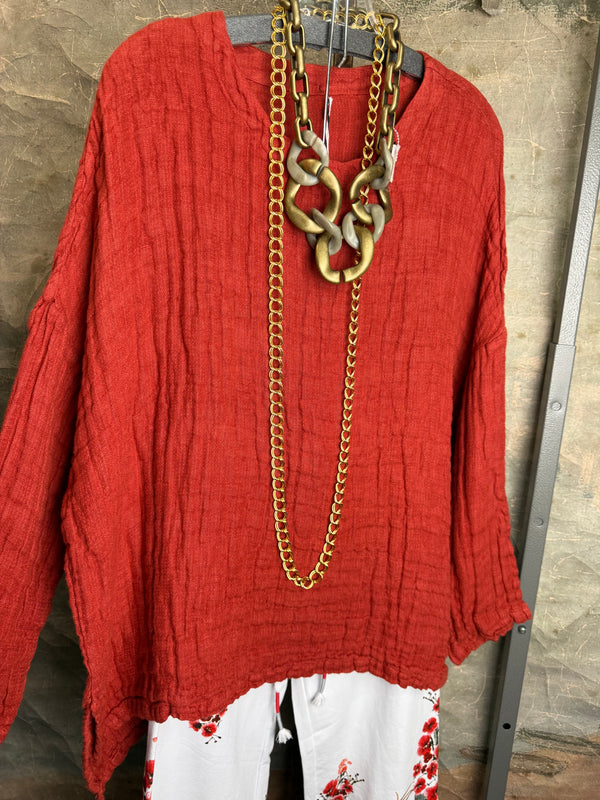 PW8815 We The Free Pucker Tunic-Brick Red