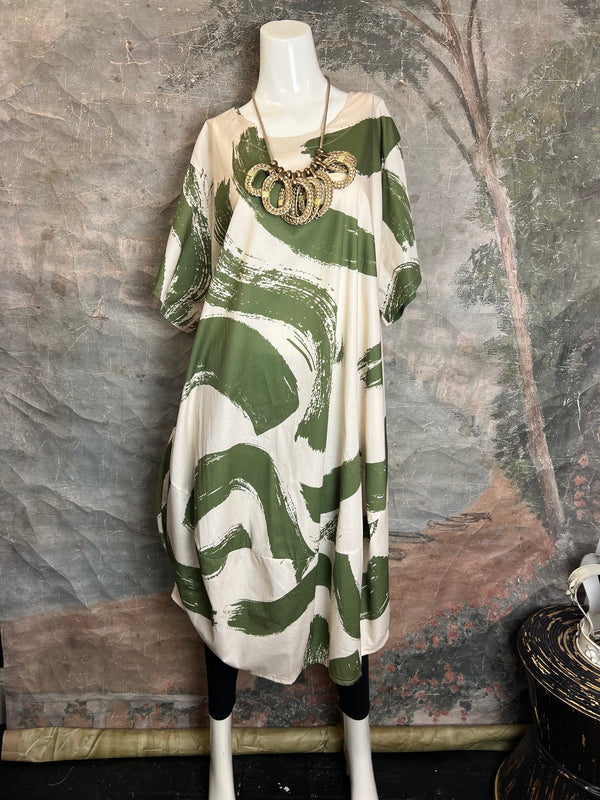 91907 ART Brush Stroke Dress-Olive