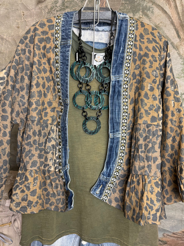 Leopard print Juno Cardigan with denim trim over olive tee and distressed jeans with turquoise ring necklace - 6