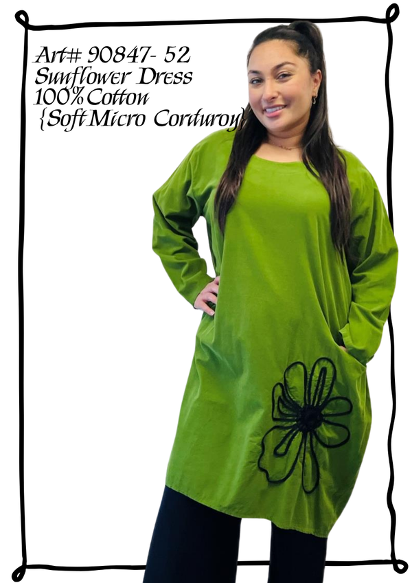 90847 Corduroy Sunflower Dress-Kiwi