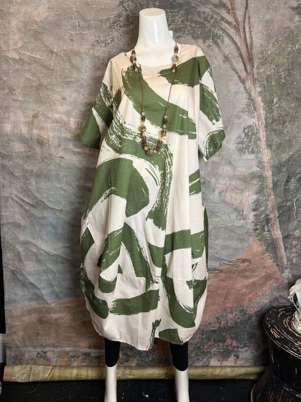 91907 ART Brush Stroke Dress-Olive