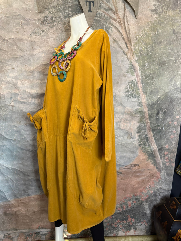 92003 Corduroy Pocket Dress-Mustard