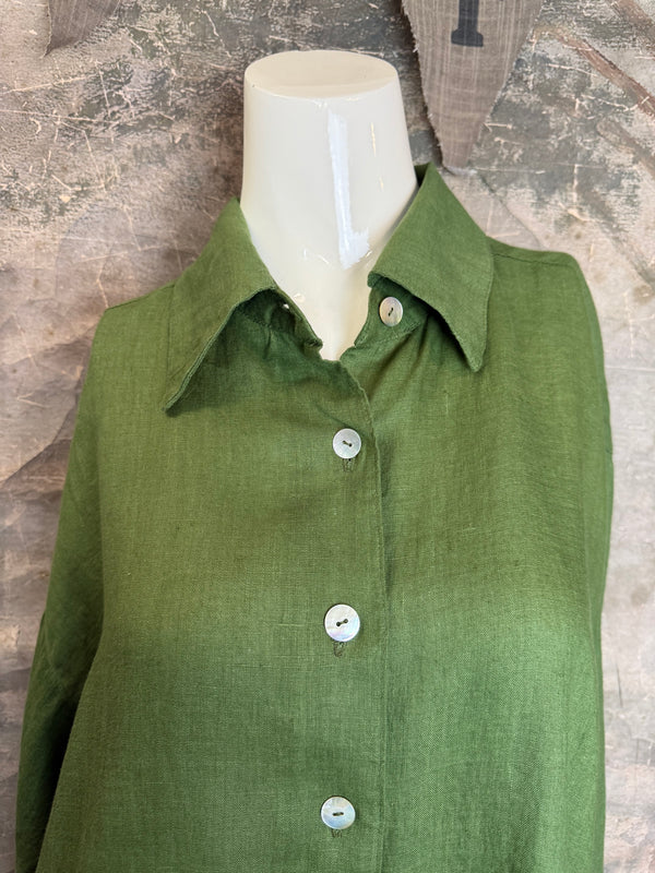 5021 Bettys Linen BF Bow Shirt-Dark Green