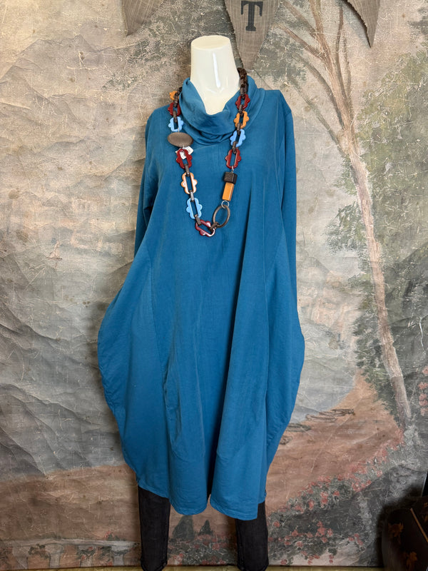 6512AU Cowlneck Bubble Dress-TEAL