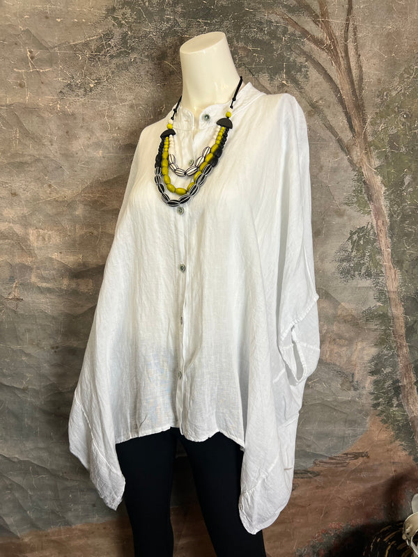 31163 Linen Mandarin Collar Top-White