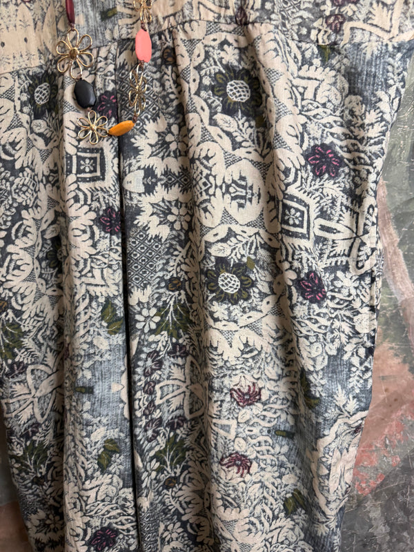 Grey combo floral batik print maxi dress with colorful beaded necklace displayed on hanger, boho boutique style DYM62523 - 6