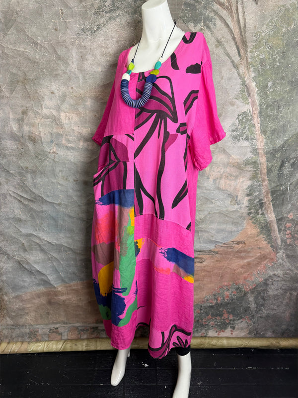 90617P-23 Linen Paint Dress-Fuchsia