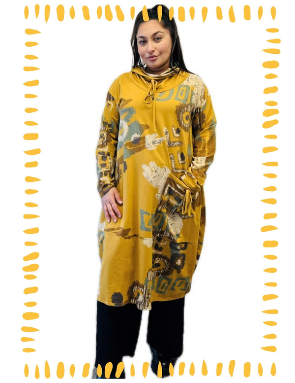 91968 Abstract Sweatshirt Dress-Mustard