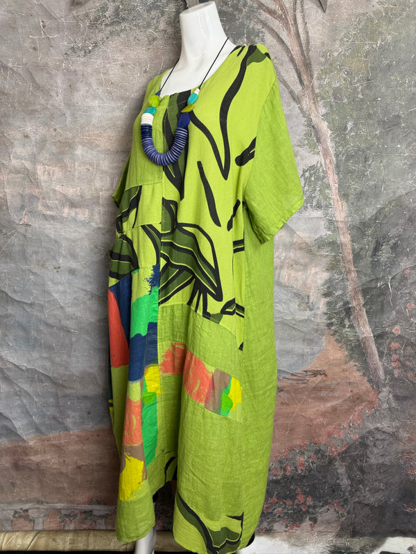 90617P-23 Linen Paint Dress-Kiwi