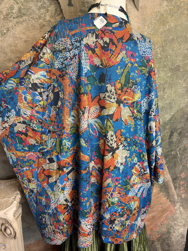 Oversized blue floral print crew pullover with orange and multicolor botanical pattern, long sleeves, relaxed fit - 10