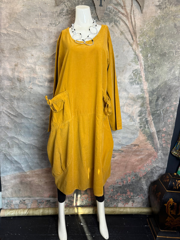 92003 Corduroy Pocket Dress-Mustard
