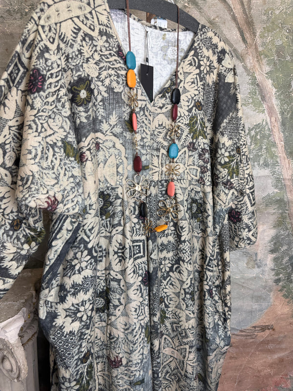 Grey combo floral batik print maxi dress with colorful beaded necklace displayed on hanger, boho boutique style DYM62523 - 5