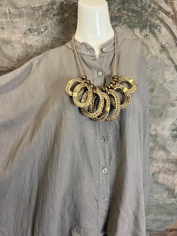 31163 Linen Mandarin Collar Top-Taupe