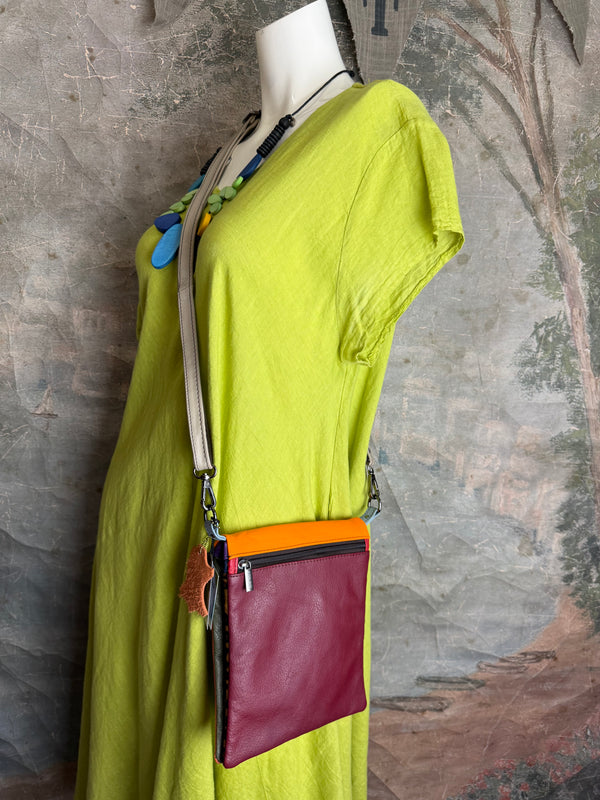 Soruka burgundy leather crossbody bag with orange trim and silver zipper, colorblock mini purse with chain strap - 3