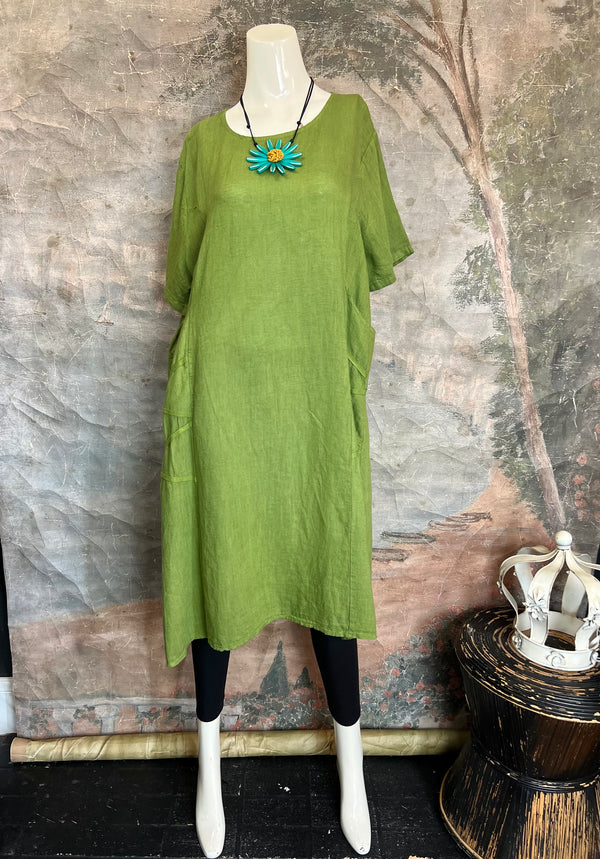 31173GN Linen Tape Accent Dress-Kiwi