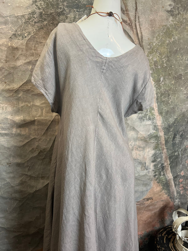 30638 Linen V-neck Flare Dress-Moss Green