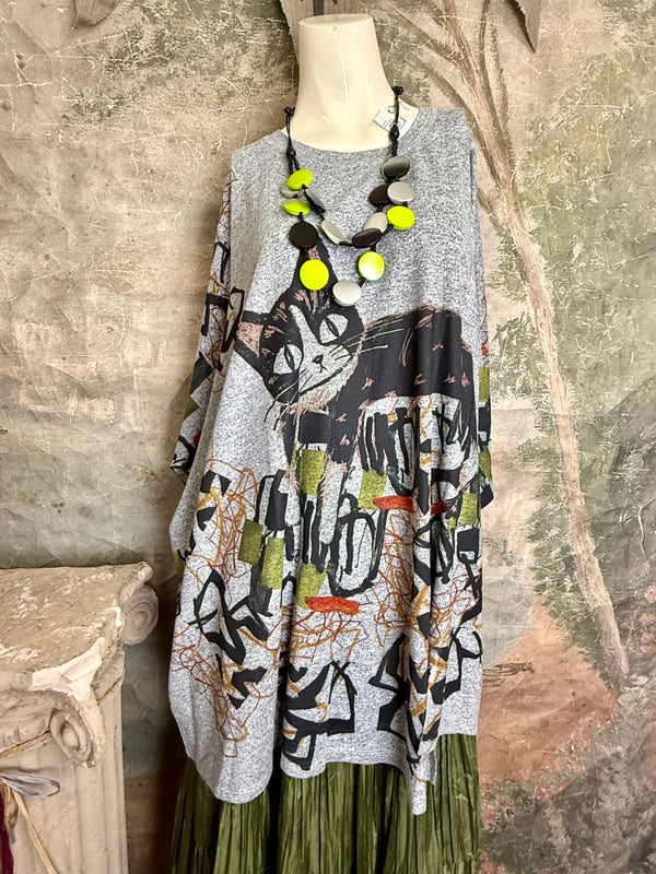 Oversized gray cat print crew pullover tunic with abstract art design on mannequin, styled with olive skirt and neon nec - 1