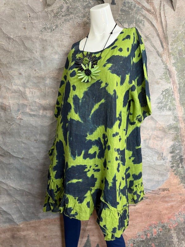 91307T-62 Ruffle Tie-Dye Tunic-Kiwi