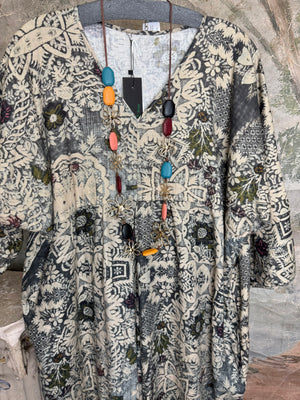 Grey combo floral batik print maxi dress with colorful beaded necklace displayed on hanger, boho boutique style DYM62523 - 2