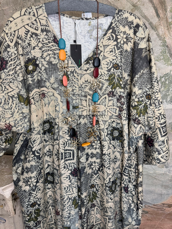 Grey combo floral batik print maxi dress with colorful beaded necklace displayed on hanger, boho boutique style DYM62523 - 2