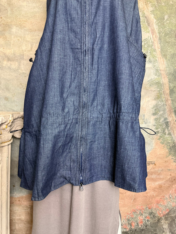Long denim zip-front sleeveless vest with drawstring hem displayed on mannequin, boutique Merritt style - 4