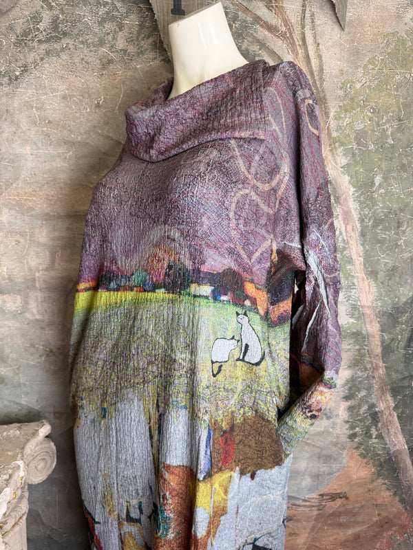 D540 Waffle Knit Cowlneck Dress in colorful abstract cat print with long sleeves and midi length - 15