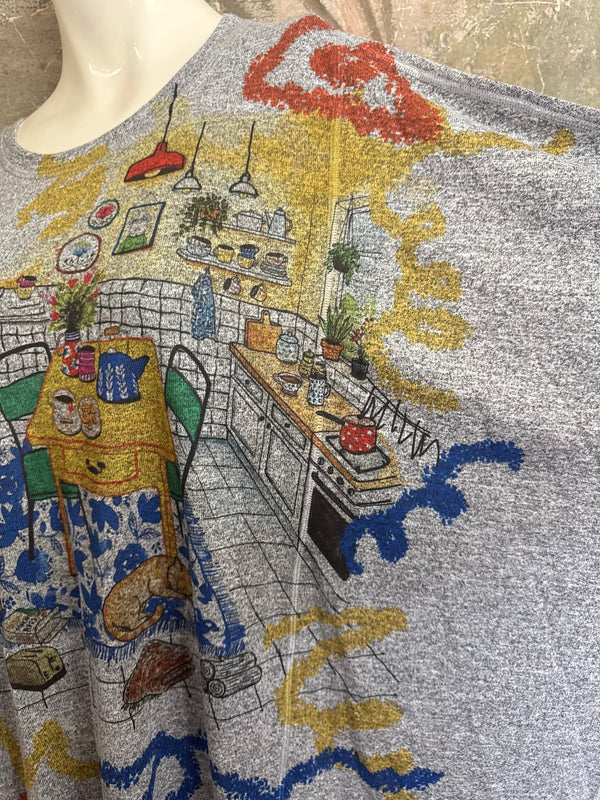 Gray oversized crew pullover sweater with colorful Nona's Kitchen interior scene print and abstract brushstroke details - 5