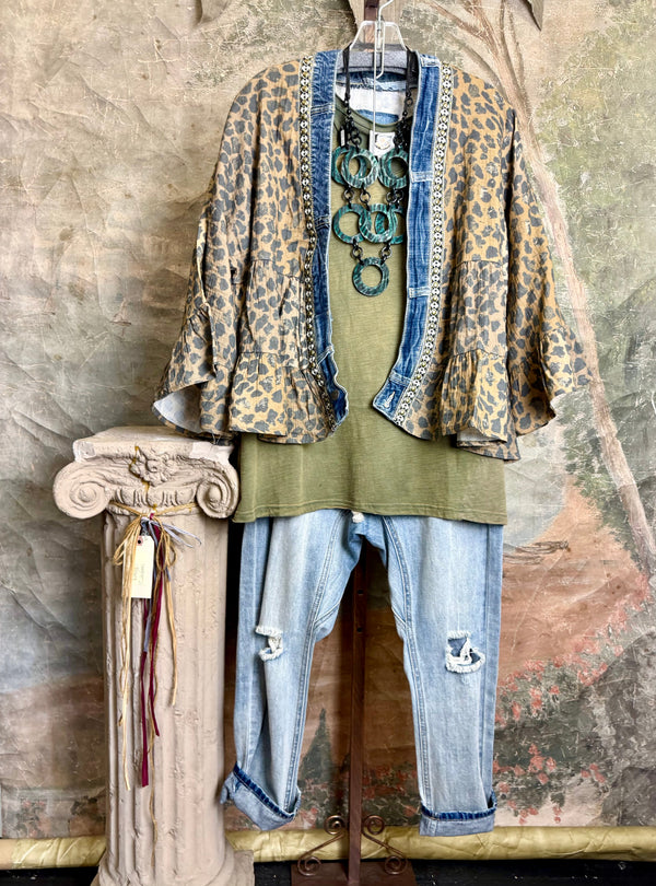 Leopard print Juno Cardigan with denim trim over olive tee and distressed jeans with turquoise ring necklace - 1