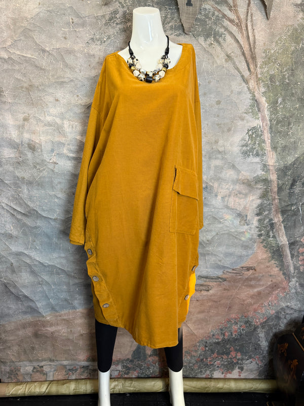91805 Corduroy Button Dress-Mustard