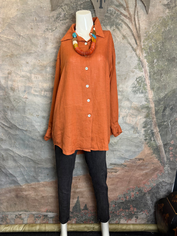 5021 Bettys Linen BF Bow Shirt-BRICK