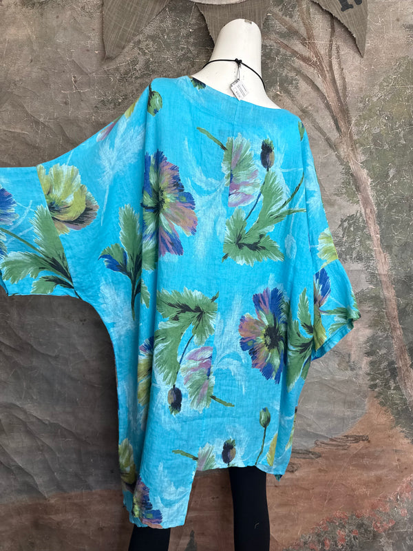 91225 Flower Garden Linen Top-Turq