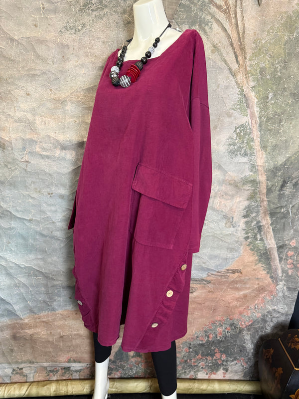 91805 Corduroy Button Dress-Burgundy