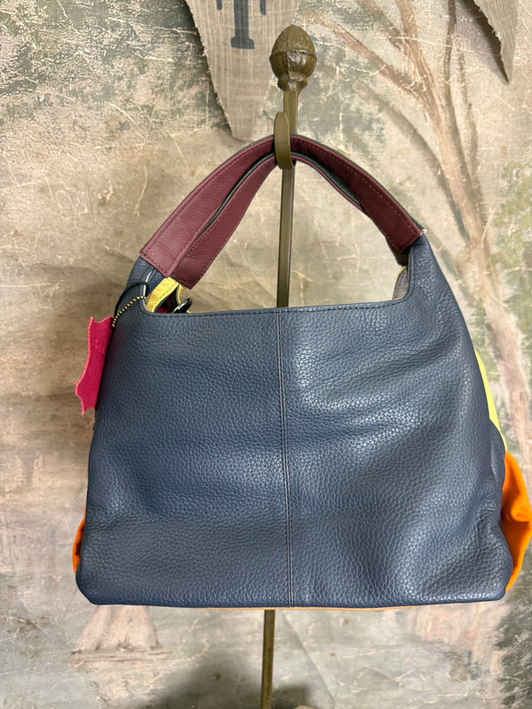Soruka Agatha navy blue recycled leather crossbody bag with burgundy handle and orange lining, Barcelona handcrafted - 18