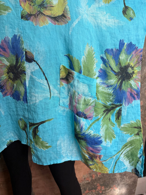 91225 Flower Garden Linen Top-Turq