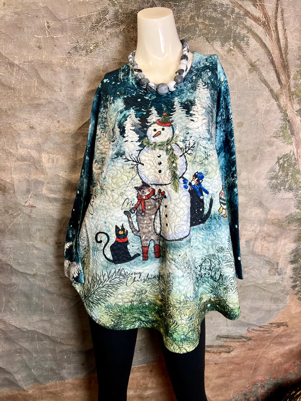 T812NB Topstitched Pocket Top-Meowy Christmas