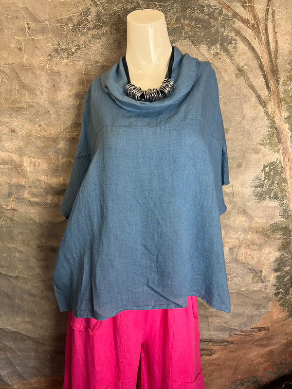 6250 Linen Cowl Neck Boxy Top-Denim