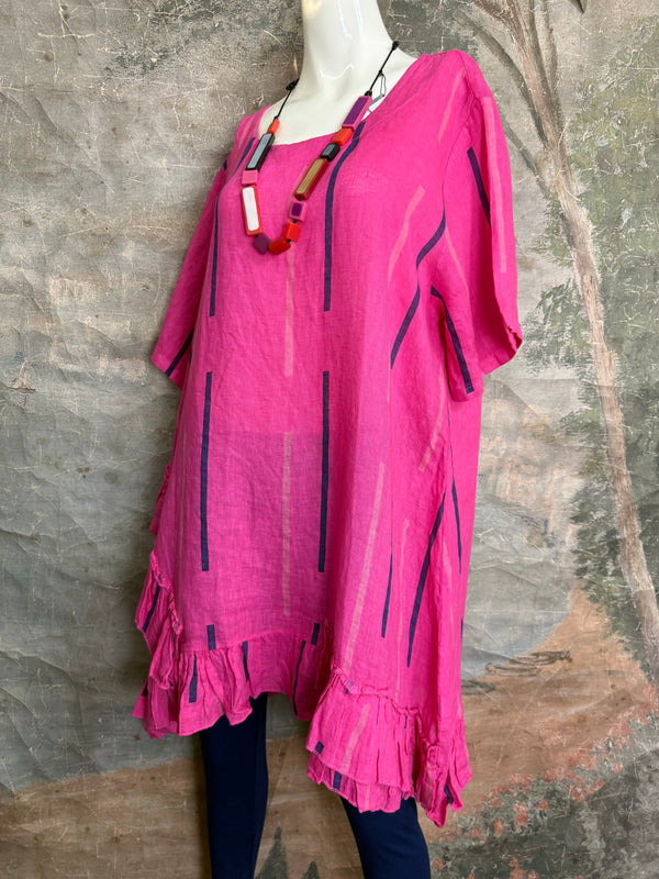 91307S Ruffle Stripe Tunic-Fuchsia