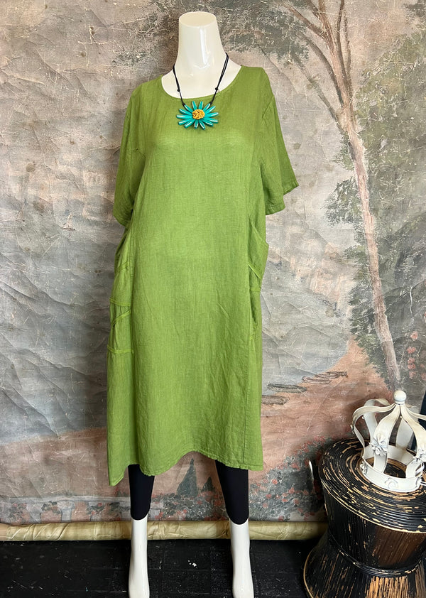 31173GN Linen Tape Accent Dress-Kiwi