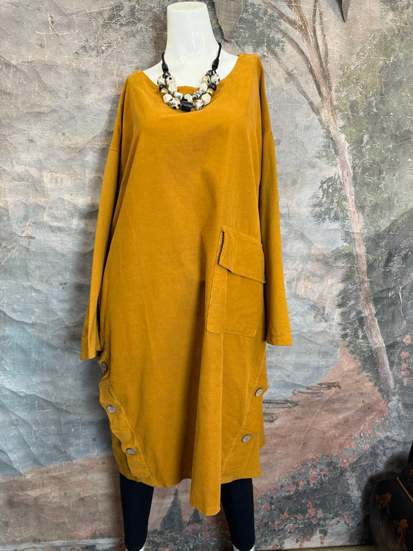 91805 Corduroy Button Dress-Mustard